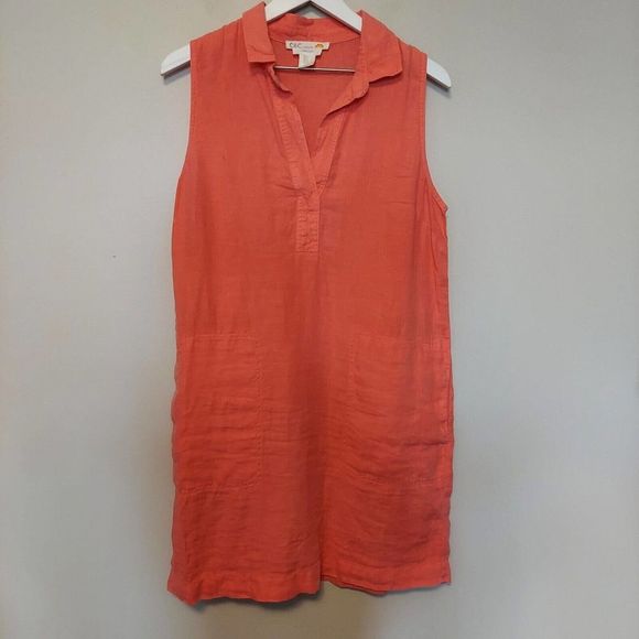 C&C California Dresses & Skirts - C&C California Linen Dress Size 8 Pockets Collared Shift Shirt Dress Pink